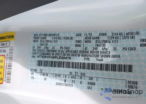 2023 Ford Ranger Xl z USA, uszkodzony, nr VIN 1FTER1FH9PLE00419